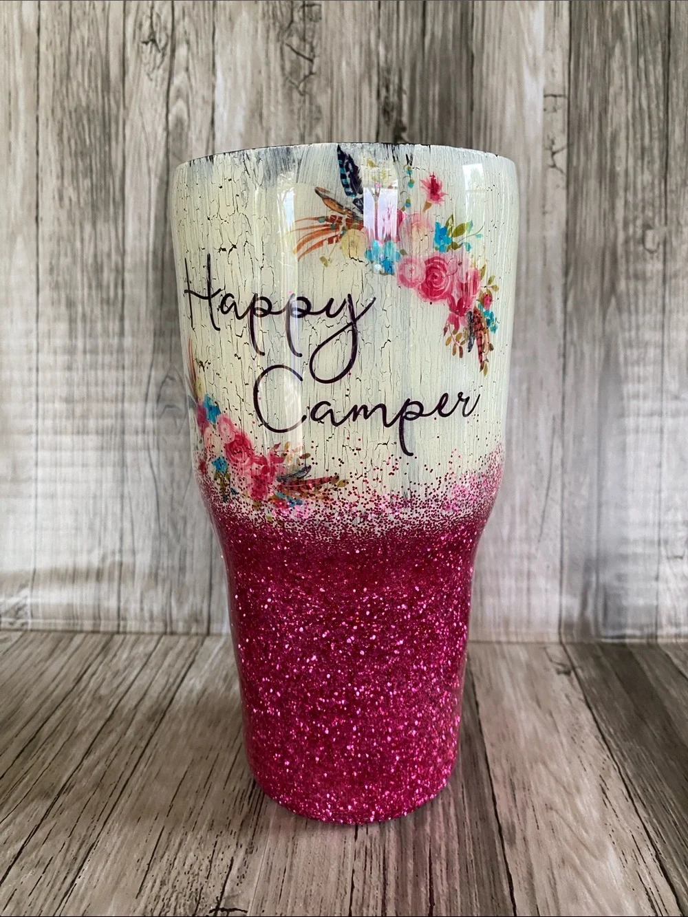 “HAPPY CAMPER” GLITTER STAINLESS STEEL TUMBLER